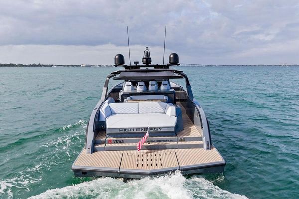 Aft view with a large swim platform and stern sunshade.