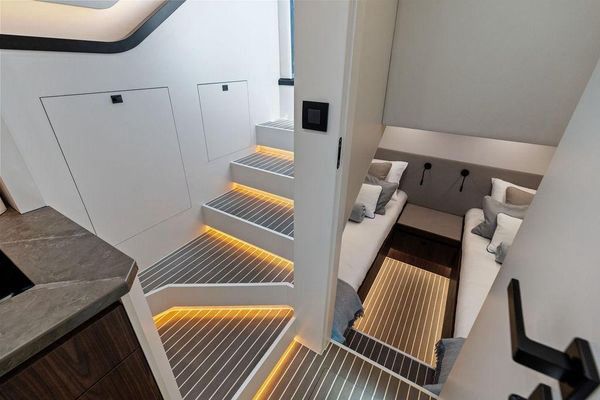 Master cabin with sink and storage.