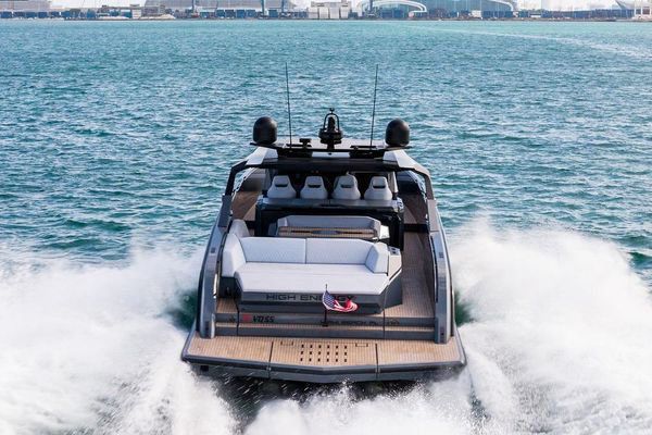 Bow view displaying the clean lines and foredeck lounge.