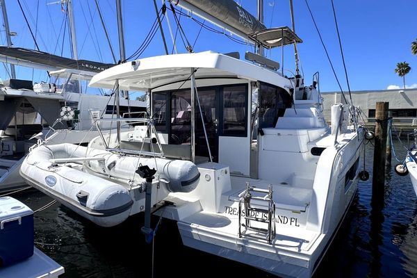 Exterior profile of a modern cruising catamaran.