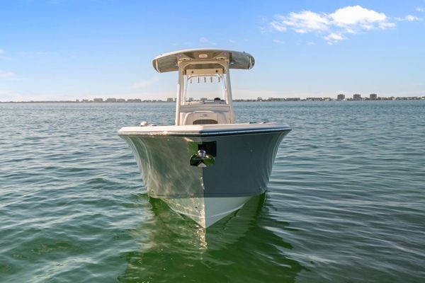 Aft view of the boat with twin Yamaha outboards.