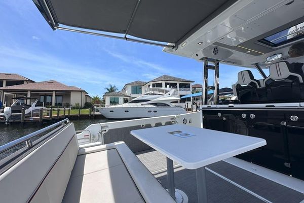 Helm station with advanced Garmin electronics and joystick.