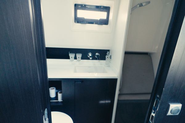 Aft guest cabin with comfortable twin berths.
