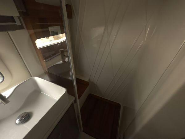 Underwater lights illuminating the transom.