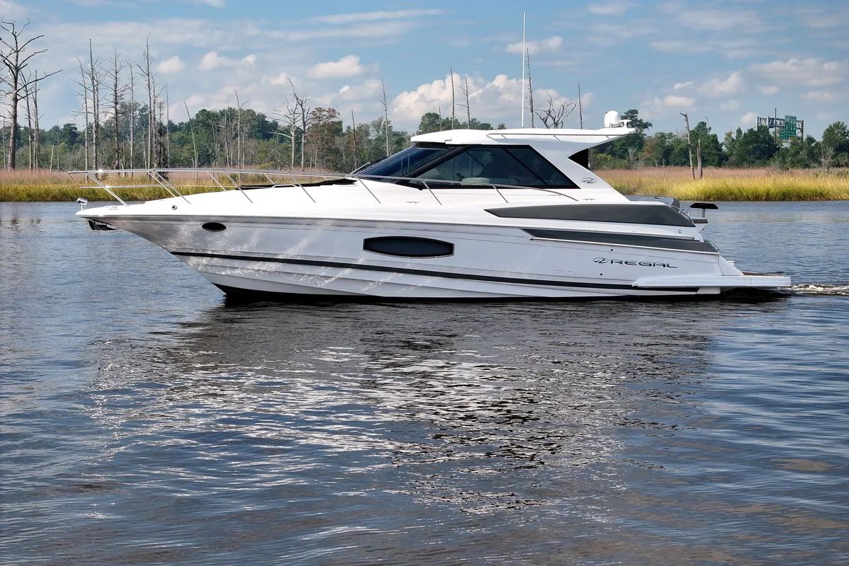 Regal 46 Sport Coupe cruising on calm water